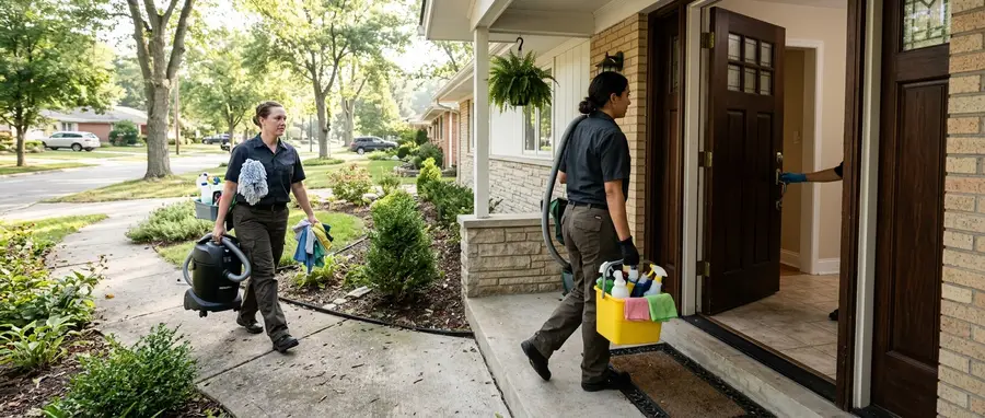 Two cleaners arriving at the front door of a ranch house on a quiet street in the morning, supplies in hand, one stepping inside and one still on the walk