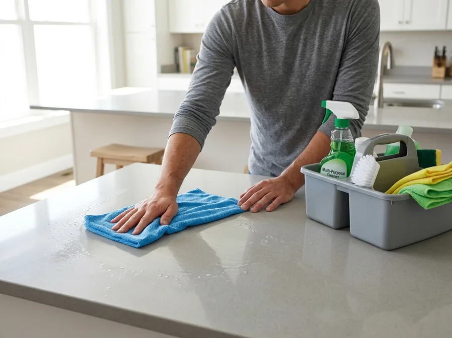 One of the two-person crew wiping down a kitchen island with a microfiber cloth, their own supply caddy set beside them on the counter, bright morning daylight, face out of frame