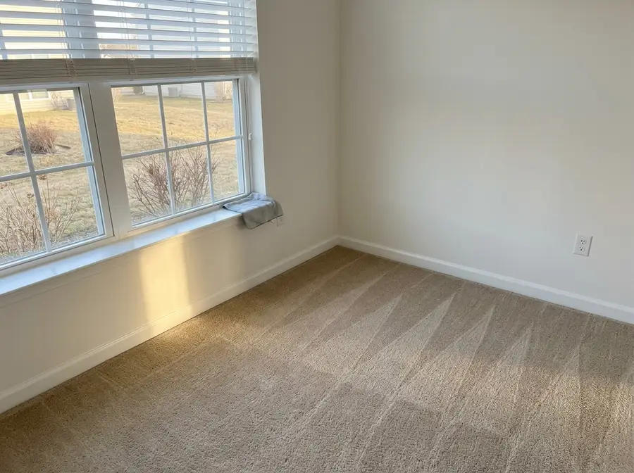 A completely empty bedroom mid move-out clean, bare carpet with fresh vacuum lines, a freshly wiped baseboard catching the light, blinds open onto a bare yard
