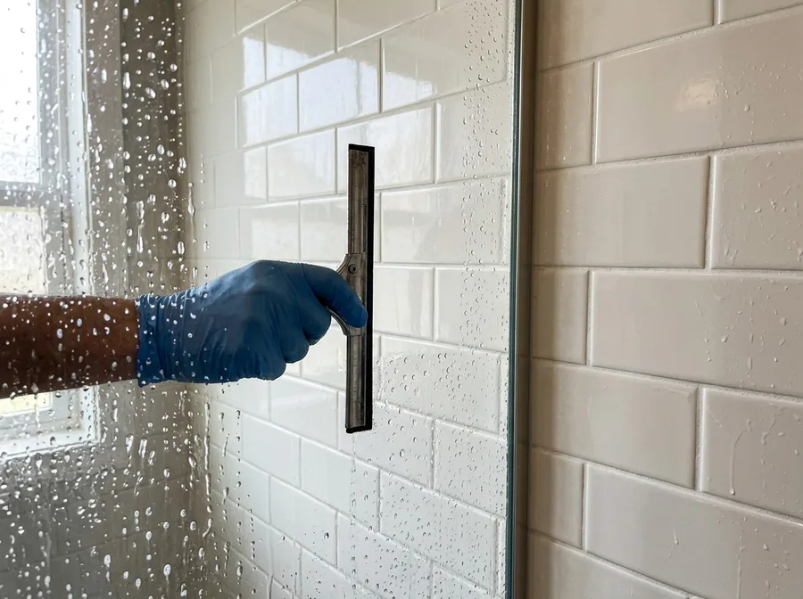 A glass shower door and tiled surround being squeegeed clean during a deep clean, water beading on the glass and the grout lines visibly bright
