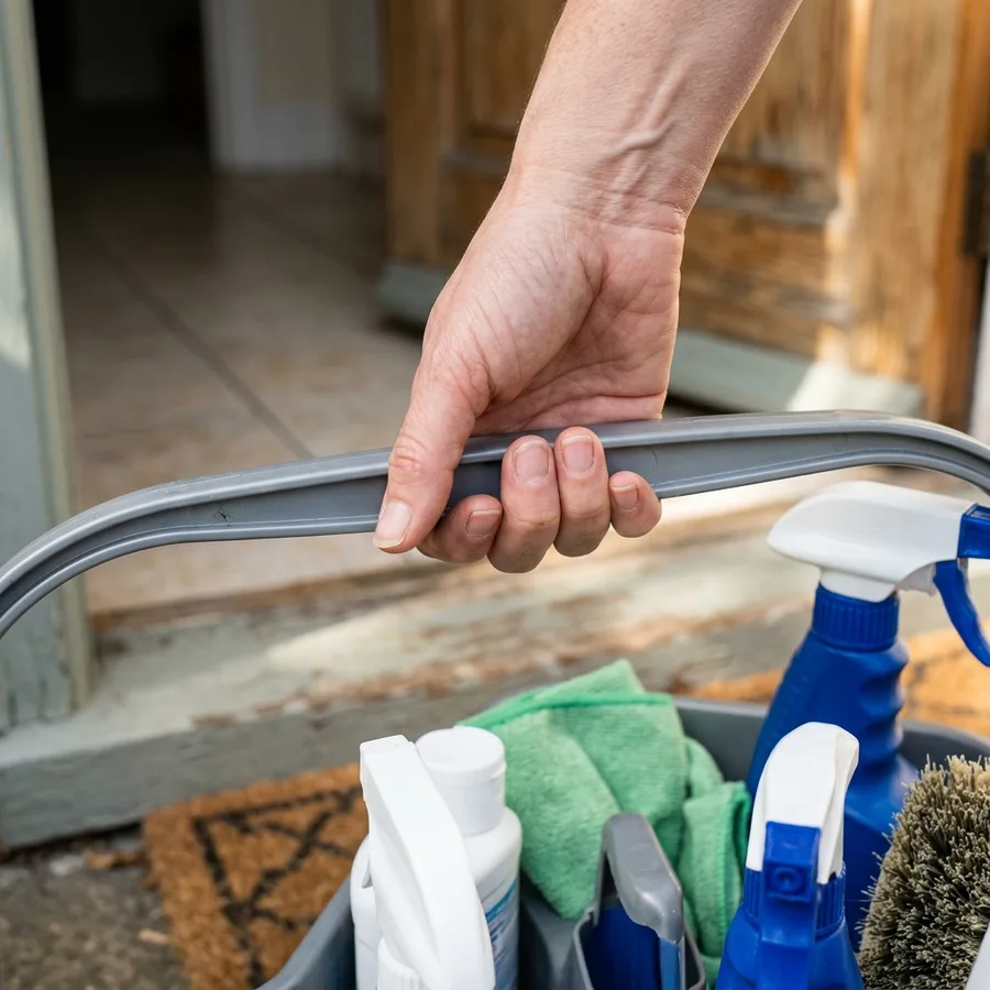 Tight square crop of a hand carrying a cleaning supply caddy by its handle at a front door threshold, morning light across the doorstep